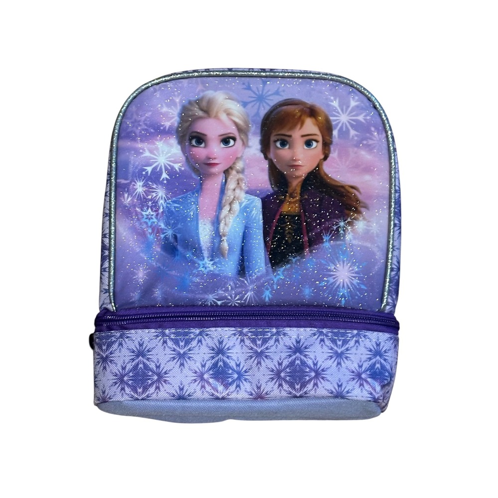 NWT Disney Frozen Elsa Anna Dual Compartment Insulated Lunch Bag Purple Glitter